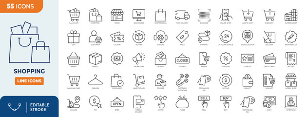 Shopping line editable icon set. Containing cart, shop, offer, delivery, e-commerce, buy, product, customer, online shopping and more. Editable stroke. Vector illustration