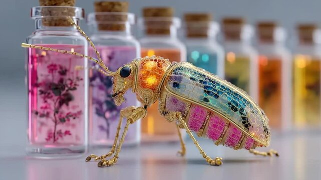 Exquisite Jewel Beetle Sculpture Next to Colorful Magical Potion Bottles in a Fantasy Setting