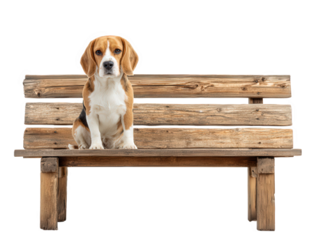 Beagle dog sits on rustic wooden bench, showcasing its playful and friendly demeanor. dog expressive eyes and alert posture add charm to this delightful scene