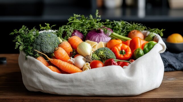 A beautifully arranged basket of fresh vegetables, showcasing an assortment of colors and shapes, ideal for promoting healthy eating and culinary creativity in the kitchen.