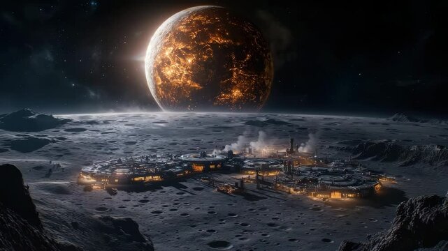 A futuristic lunar colony with glowing buildings sits on a cratered surface, under a dramatic fiery planet in space.