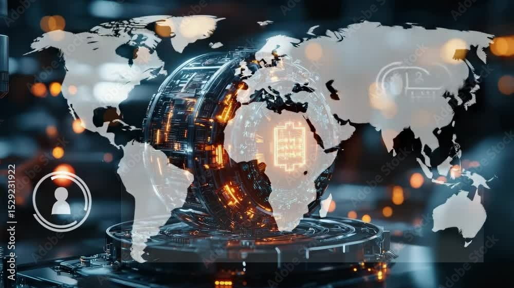 Poster A futuristic glowing orb with intricate circuits and orange lights sits on a high-tech platform in a digital environment.