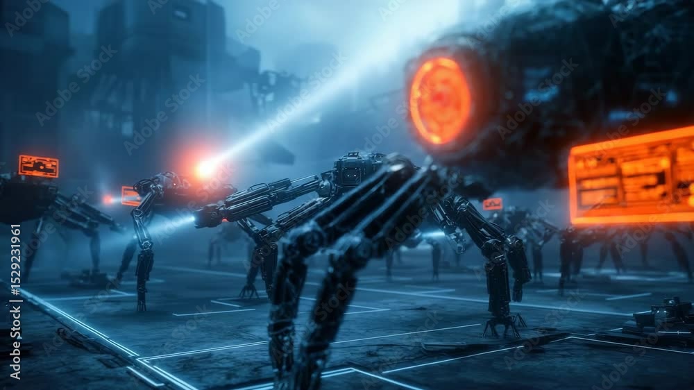 Poster Mechanical spider-like robots with glowing red interfaces operate in a futuristic, misty urban environment with high-tech details.