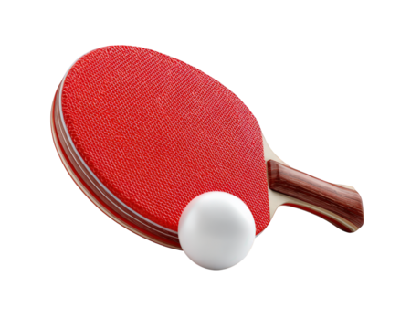 Red ping pong paddle with white ball rests on clean surface, showcasing vibrant texture and design of paddle. This captures essence of sport, evoking excitement and competition