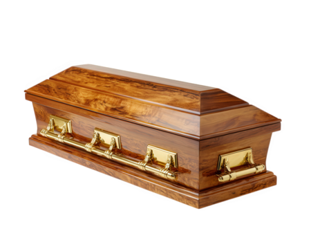 Wooden coffin with polished finish and gold handles, isolated on transparency background, symbolizes solemnity and respect. This object is often associated with funerals and memorial services