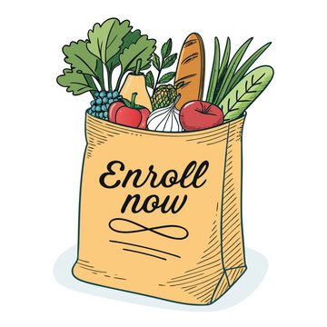 A vintage grocery bag overflowing with vibrant, fresh produce; tomatoes, peppers, herbs, and lemons.  Retro aesthetic. Enro branding subtly incorporated.