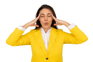 Professional woman wearing yellow blazer, pressing fingertips against temples, experiencing workplace stress, isolated
