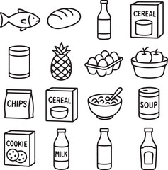 Dairy, Snacks, Fresh Product, Meats, Beverages, Baby Food, Household Groceries Icon Set Items – Vector Icons for  Food Delivery, E-commerce & Grocery Apps Vector Illustration EPS 10.