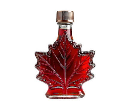Maple syrup bottle shaped like maple leaf, showcasing rich amber color. glass design highlights syrup glossy texture, making it appealing object for culinary use or decoration