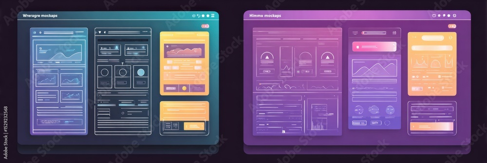 Aufkleber Comparison of Wireframes Versus High-Fidelity Mockups Highlighting Design Elements and Visual Contrasts in a Flat Style
