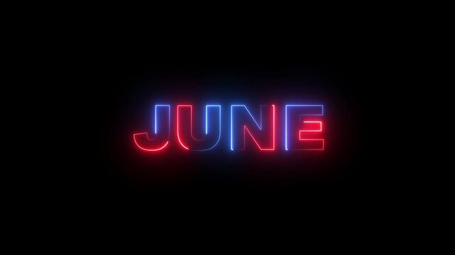 Abstract glowing text month june light neon black background. Word june neon glowing on a black background with reflections on a floor. Neon shine month name june text sign icon animation .