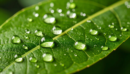 Close-up of vibrant green leaf with fresh water droplets highlighting natural texture and veins
