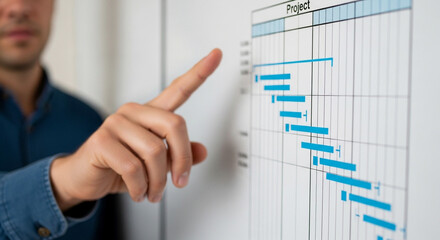 A hand points to a detailed project timeline, charting progress on a whiteboard