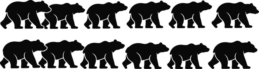 Silhouette of walking bear, black bear motion, wildlife illustration, animal track animation, bear shape sequence