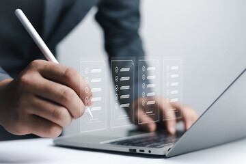 Electronic signature Businessman signs electronic document on digital document on page Electronic...