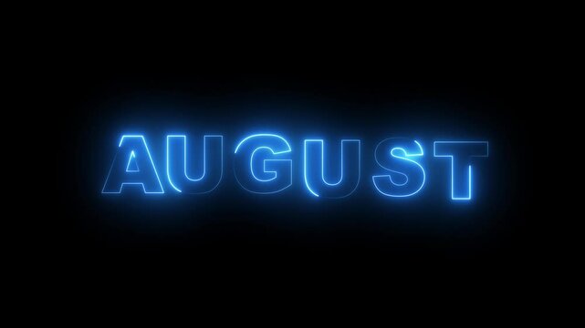 Abstract glowing text month August light neon black background. Word August neon glowing on a black background with reflections on a floor. Neon shine month name August text sign icon animation .