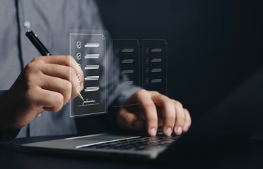 Electronic signature Businessman signs electronic document on digital document on page Electronic...