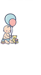 Baby sitting with colorful balloons and toys on a white background  