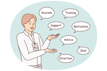 Motivated businessman with work words in talk balloons