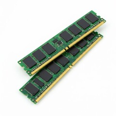 Two green computer ram sticks isolated on white background