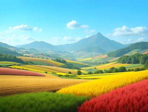 Farmland featuring vibrant patchwork fields under a clear blue sky with rolling mountains in the background