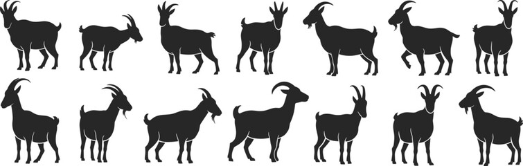 Silhouette goat vector set, farm livestock graphic, black goat icons, countryside animal clipart,
