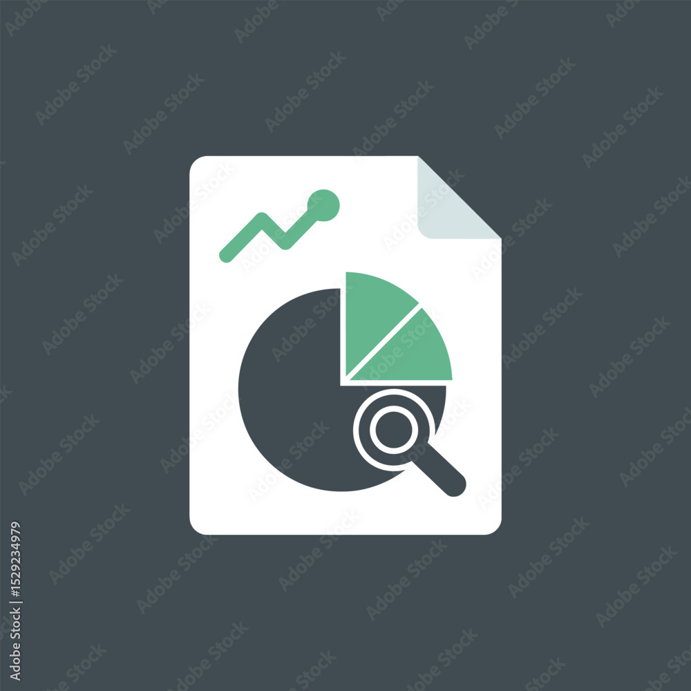 Poster data analysis report document icon with pie chart graph and magnifying glass