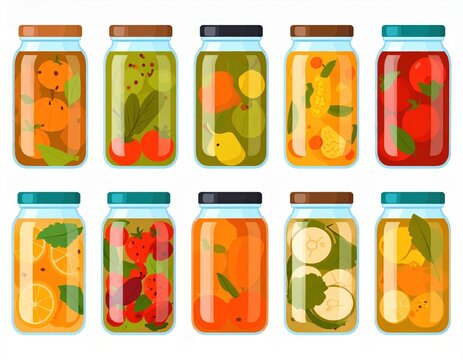 Colorful Preserved Fruit And Vegetable Jars