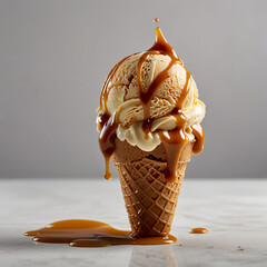 A scoop of creamy caramel ice cream with caramel sauce