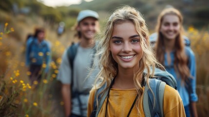 A cheerful group of friends hiking through a scenic landscape, embodying adventure and camaraderie in nature, capturing the joy of exploring the great outdoors together.