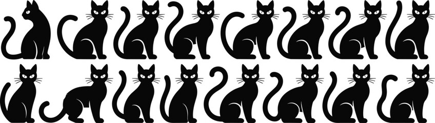 Black cat silhouette vector set, sitting cats collection, spooky feline icon pack, Halloween style cat design, isolated pet illustrations

 flat vector illustration