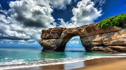 Obraz premium Stunning Sea Arch at Tropical Beach with Dramatic Clouds