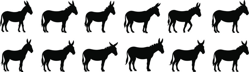 Silhouette donkey vector collection, black animal icons for farm, pet, wild, countryside use, agriculture art, clipart
