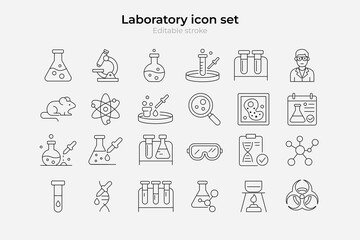 Set of flat laboratory icons and medical equipment symbols. Chemical flasks, test tubes, microscopes, DNA, molecules, pills and other research-related science tools.