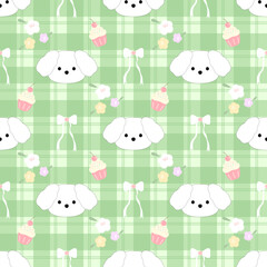 Obraz premium Puppy cupcakes flowers bow on Fabric pattern , green checkered pattern, gift wrapping paper , seamless pattern 
