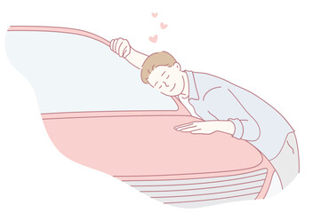 A man is affectionately leaning on his car, expressing both joy and love for his beloved vehicle with pride