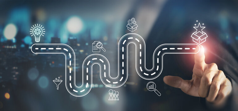 Creative idea generation for new product development concept. Creative thinking and innovation. Roadmap with stages of innovation icons, generating creative idea process for product developmement.