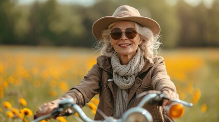 A cheerful elderly woman riding a bicycle through a vibrant field of sunflowers, showcasing vitality, joy, and freedom in the beauty of nature during a sunny day.