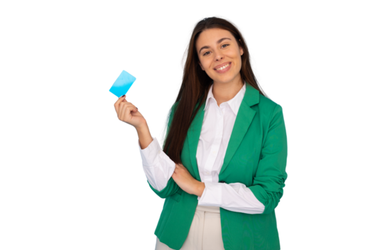 Smiling businesswoman showing a credit card, promoting secure online transactions and financial management, on a transparent background