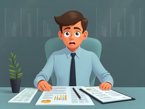 Flat Financial officer looking over financial reports with a concerned expression concept as A candid shot capturing a financial officer sitting at a desk looking over financial re Cleans