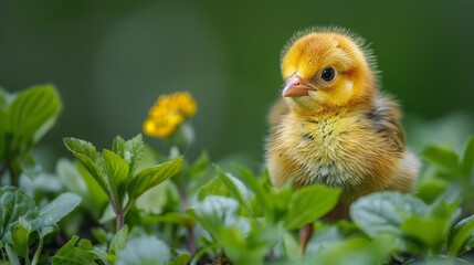 Obraz premium A cute yellow chick peeking through lush green foliage, embodying innocence and nature's charm, creating a heartwarming portrait moment in a vibrant natural setting.