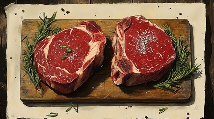 Two Raw Marbled Steaks Seasoned with Salt and Rosemary on a Wooden Board