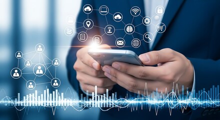 Businessman using mobile phone with connected network icons and data