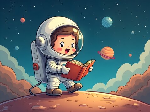 Cute Astronaut Read Book On Planet Cartoon