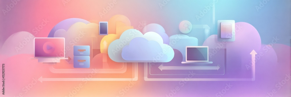 Poster conceptual infographic illustrating cloud storage with devices and arrows pointing to a central clou