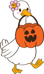 Cute goose carries a basket of Halloween pumpkins
