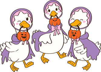 Obraz premium Witch group goose holding halloween pumpkin basket