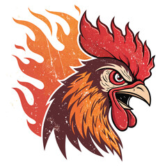A majestic rooster, its feathers ablaze with vibrant flames, possesses piercing, sharp eyes.  Rendered in striking detail within a stylized 
