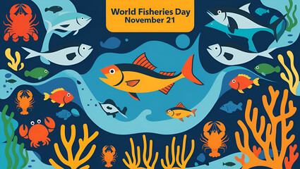 Obraz premium World Fisheries Day flat design vector. Celebrated on November 21. Ideal for posters, banners, and educational graphics