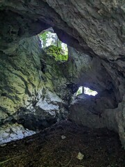 Deep narrow Pokljuka Gorge in Slovenia surrounded by steep cliffs, dense forest, and hiking trails.